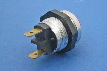 Red plastic button, aluminium body, 2 x 6.3mm blade terms